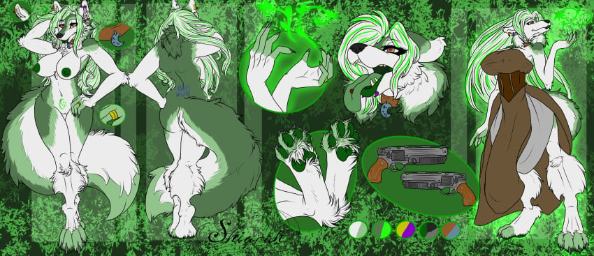 ass breasts canine clothing collar dress ear_piercing facial_piercing green_glow hair highlights leaves lip_piercing magic mammal markings model_sheet nipples paws piercing ring shiarah snakebite_piercing tattoo tongue weapon wedding_ring wolf