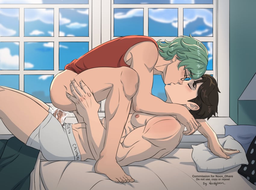 bed bedroom black_hair blush cove_holden cum cum_in_pussy cum_inside gay gay_sex gbpatch glasses green_hair kissing male male_only morning morning_sex muscles nerdytoon oc older_male older_man_and_younger_boy original_character our_life_(beginnings_and_always) riding yaoi younger_male