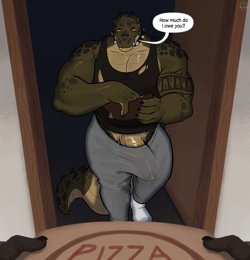 absurd_res anthro big_muscles big_penis bluesh bottomwear bulge clothed clothing collar container crocodilian delivery_(commerce) delivery_employee detailed_bulge dialogue duo first_person_view food_delivery front_view fully_clothed genital_outline genitals green_body green_scales hi_res humanoid_genitalia humanoid_penis male muscular muscular_anthro muscular_male pants pecs penis penis_base penis_outline pizza_box pizza_delivery reptile scales scalie shirt speech_bubble spiked_collar spikes tank_top tight_bottomwear tight_clothing tight_pants topwear wallet