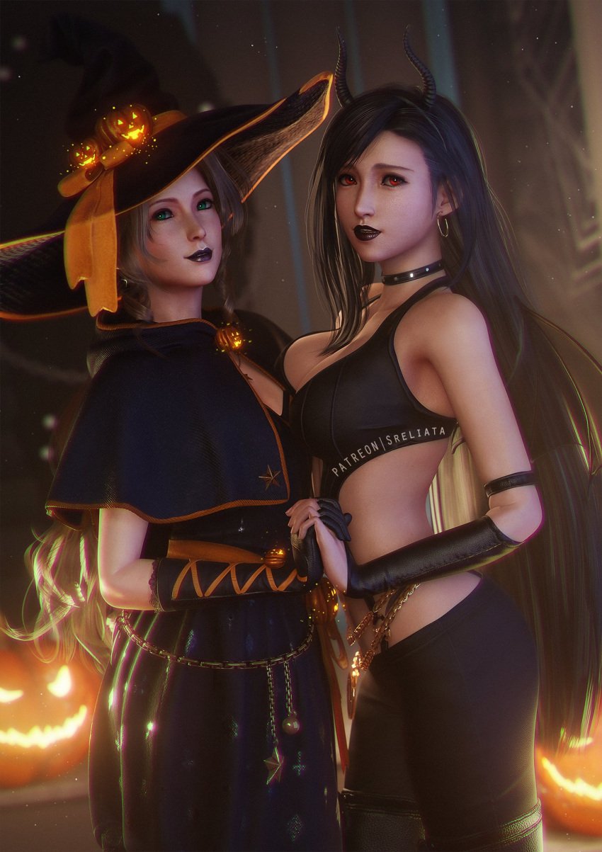 2girls 3d 3d_(artwork) aerith_gainsborough armband artist_name black_hair black_lipstick breast_on_breasts breasts_against_breasts brown_hair brown_hair busty choker dark_makeup earrings final_fantasy final_fantasy_vii final_fantasy_vii_remake fit_female gloves goth goth_girl green_eyes halloween halloween_costume halloween_decoration halloween_theme highres holding_hands jack-o'-lantern long_hair looking_at_viewer makeup patreon posing posing_for_the_viewer red_eyes sreliata_(artist) succubus succubus_horns tifa_lockhart tight_fit toned witch witch_costume witch_hat