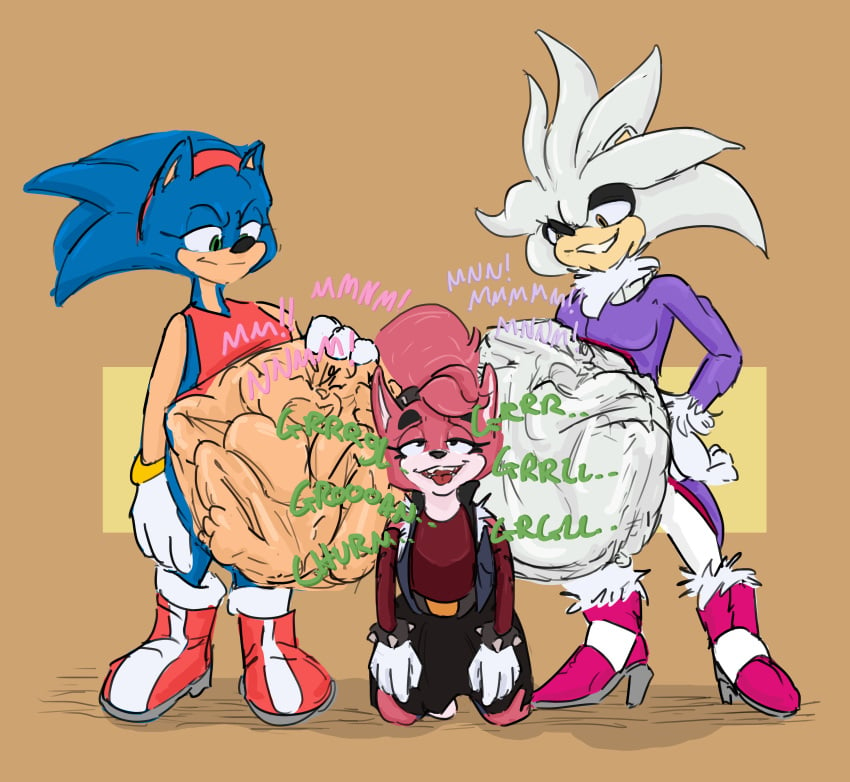 absurd_res amy_rose anthro belly big_belly blaze_the_cat clothing colored digestion digestion_noises eulipotyphlan fan_character female furry group hedgehog hi_res humgeronimo imminent_digestion kneeling male male/female male/male mammal oral_vore sega silver_the_hedgehog simple_background smug sonic_(series) sonic_the_hedgehog sonic_the_hedgehog_(series) standing struggling struggling_prey taph_(tascom) vore