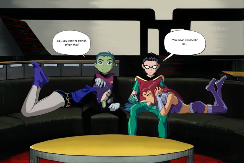 ai_generated beast_boy blowjob comic english_text fellatio female raven_(dc) robin_(dc) starfire teen_titans thebacklash