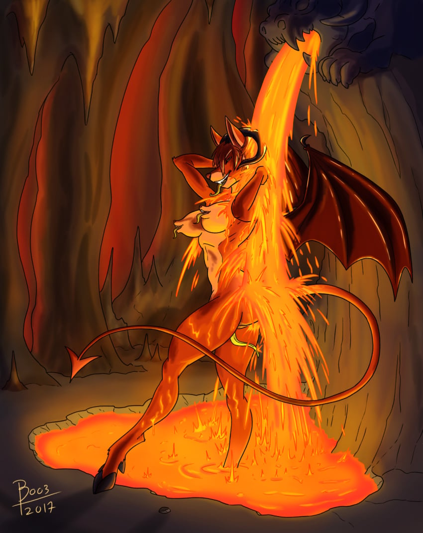 anthro boo3 breasts canine demon female fox hell lava mammal nipple_mouth volcanic_setting