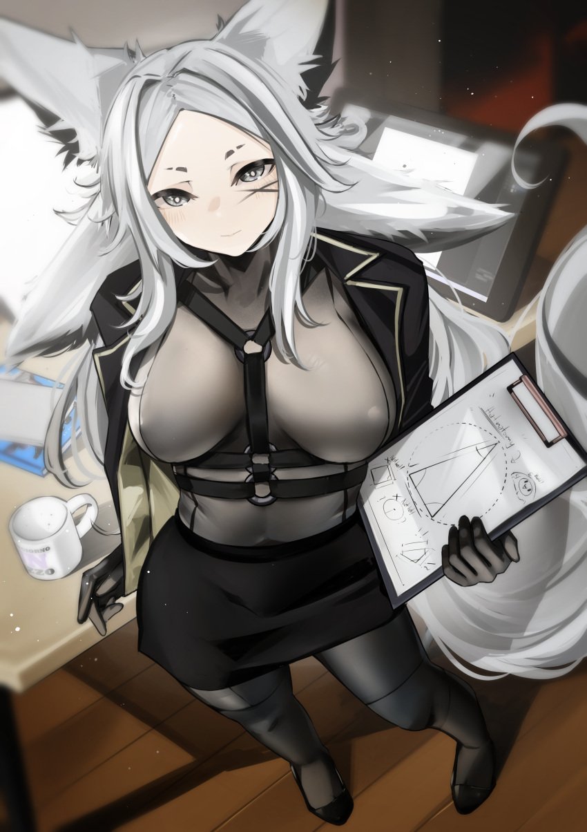 animal_ear_fluff animal_ears bangs belt black_footwear black_gloves black_legwear black_skirt blurry blush breasts closed_mouth coffee_mug cup depth_of_field dya_rikku_(vtuber) female gloves grey_eyes holding indoors jacket large_breasts long_hair long_sleeves looking_at_viewer mug pale_skin pantyhose paper parted_bangs pencil_skirt silver_hair skirt smile solo standing tail very_long_hair virtual_youtuber vyugen white_eyes white_hair