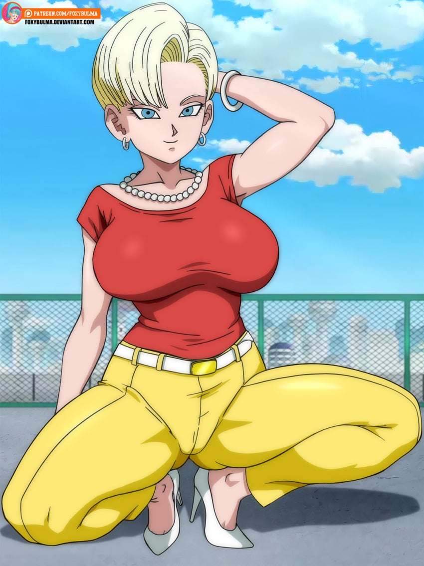 android_18 big_breasts big_breasts blonde_hair blue_eyes cameltoe city_background dragon_ball dragon_ball_gt dragon_ball_super dragon_ball_z earrings foxybulma heels huge_breasts jewelry light-skinned_female light_skin milf necklace pawg posing short_hair squatting thick_thighs tight_clothing tomboy toned_female