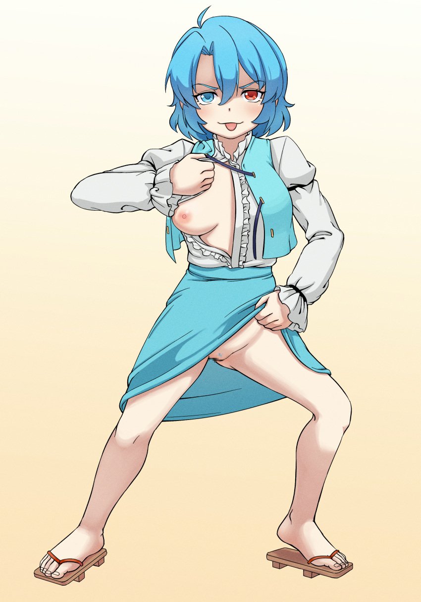 absurdres big_mouse blue_eyes blue_hair blue_pubic_hair blue_skirt blue_vest blush breasts censored closed_mouth clothes_lift clothing colored_pubic_hair female female_pubic_hair full_body geta giorno_giovanna's_pose_(jojo) gradient_background hair_between_eyes heterochromia highres jojo_no_kimyou_na_bouken jojo_pose kogasa_tatara lifting_own_clothes long_bangs long_sleeves looking_at_viewer medium_breasts mosaic_censoring nipples no_bra no_panties one_breast_out open_clothes open_vest pubic_hair pussy red_eyes sandals shirt shirt_lift short_hair skirt skirt_lift small_breasts smile solo sparse_pubic_hair tatara_kogasa toenails toes tongue tongue_out touhou v-shaped_eyebrows vento_aureo vest white_shirt yellow_background