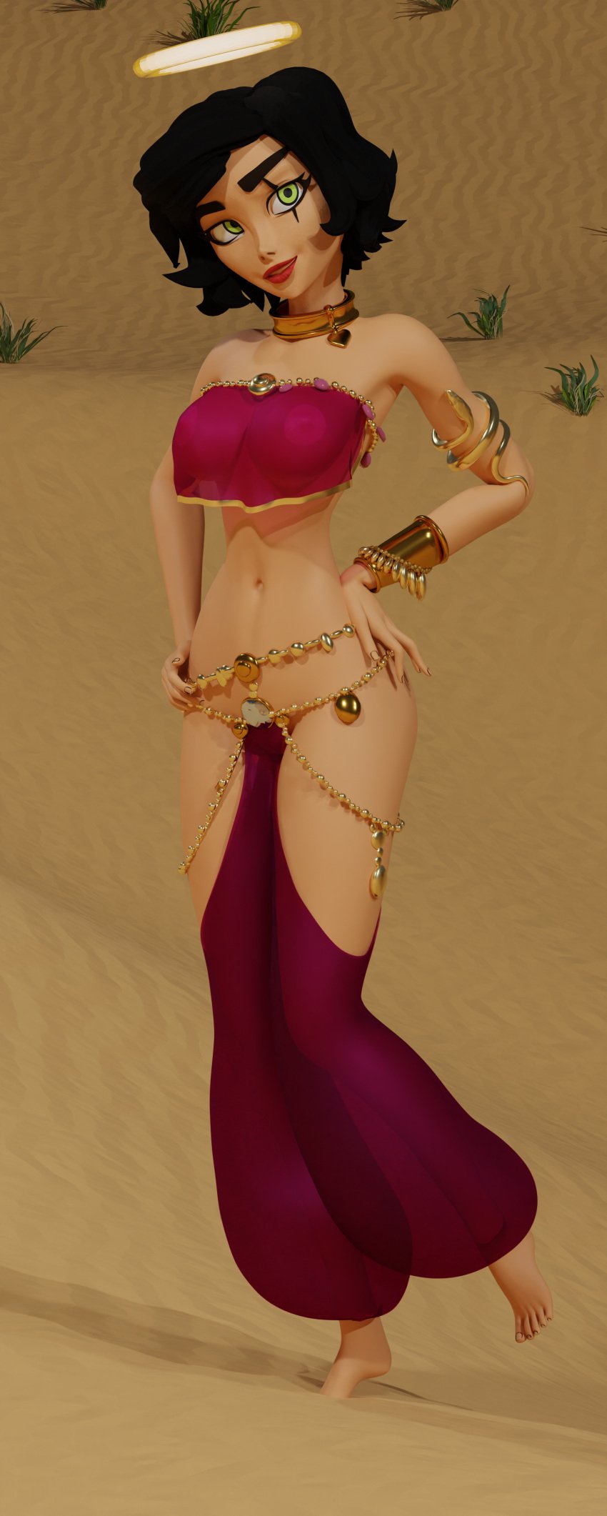 3d arabian arabian_clothes arabian_female black_hair green_eyes harem_pants iris_(princess_trainer) oriental oriental_clothing solo_female tagme tanned_skin