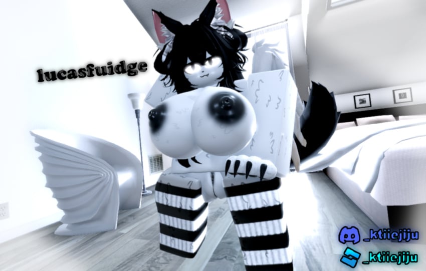 3d bedroom big_breasts black_hair black_nipples black_pussy black_tail breasts ear eyes female fur furry furry_female furry_only girl ktiiejiju_(artist) lucasfuidge neko paws pussy roblox roblox_avatar robloxian self_upload socks tail white_body