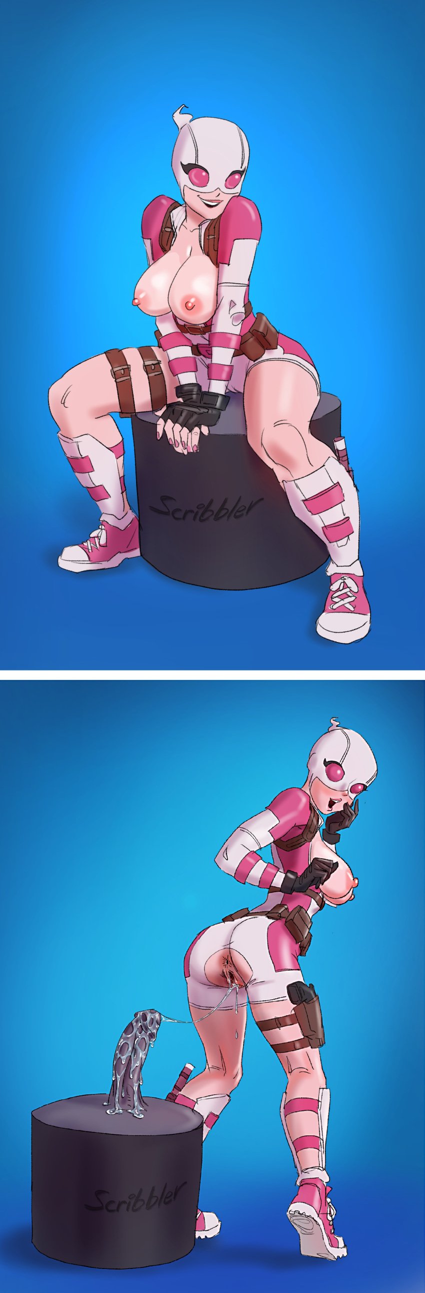 2d big_breasts breasts breasts_out busty crotchless dildo dildo_reveal dildo_sitting female female_focus female_only fortnite fortnite:_battle_royale gwen_poole gwenpool gwenpool_(fortnite) hourglass_figure marvel marvel_comics pussy_juice pussy_juice_drip pussy_juice_string rear_view scribbler sitting sitting_on_dildo tagme wide_hips