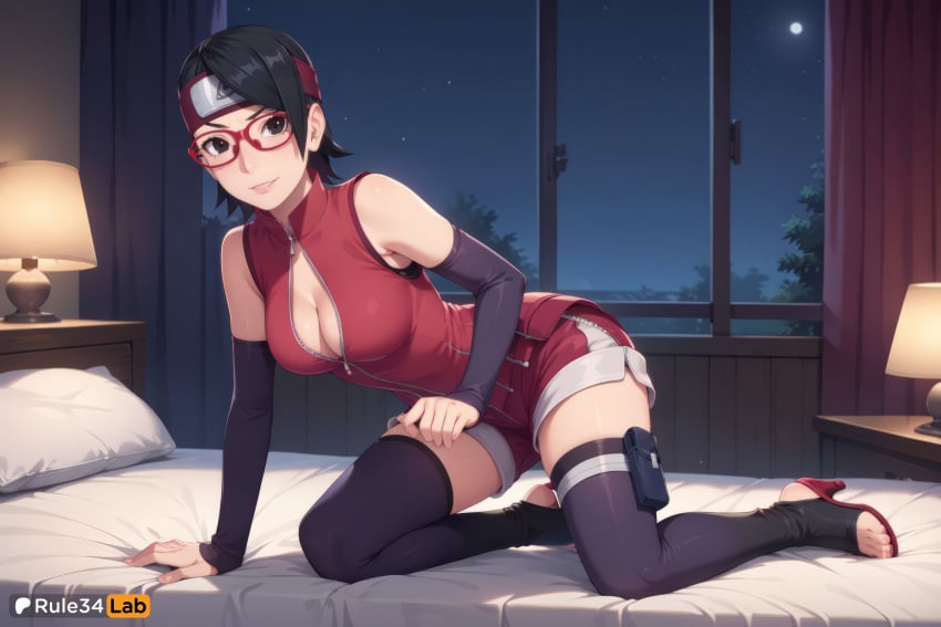 1girls ai_generated arm_support bare_shoulders bed bedroom black_eyes black_hair black_thighhighs boruto:_naruto_next_generations breasts cleavage curtains detached_sleeves forehead_protector full_body full_moon glasses hi_res high_heels indoors lamp large_breasts looking_at_viewer medium_breasts moon naruto naruto_(series) night night_sky on_bed parted_lips partially_unzipped pillow red-framed_eyewear red_headband rule34lab sarada_uchiha short_hair shorts sky sleeveless smile solo thighhighs toeless_footwear toeless_legwear window zipper zipper_pull_tab