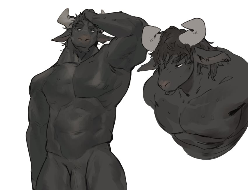 anthro bebebebebe biped black_body black_fur black_hair bodily_fluids bovid bovine cattle eyebrows front_view fur genitals hair half-erect horn male male_only mammal mouth_closed muscular nude penis simple_background solo sweat white_background