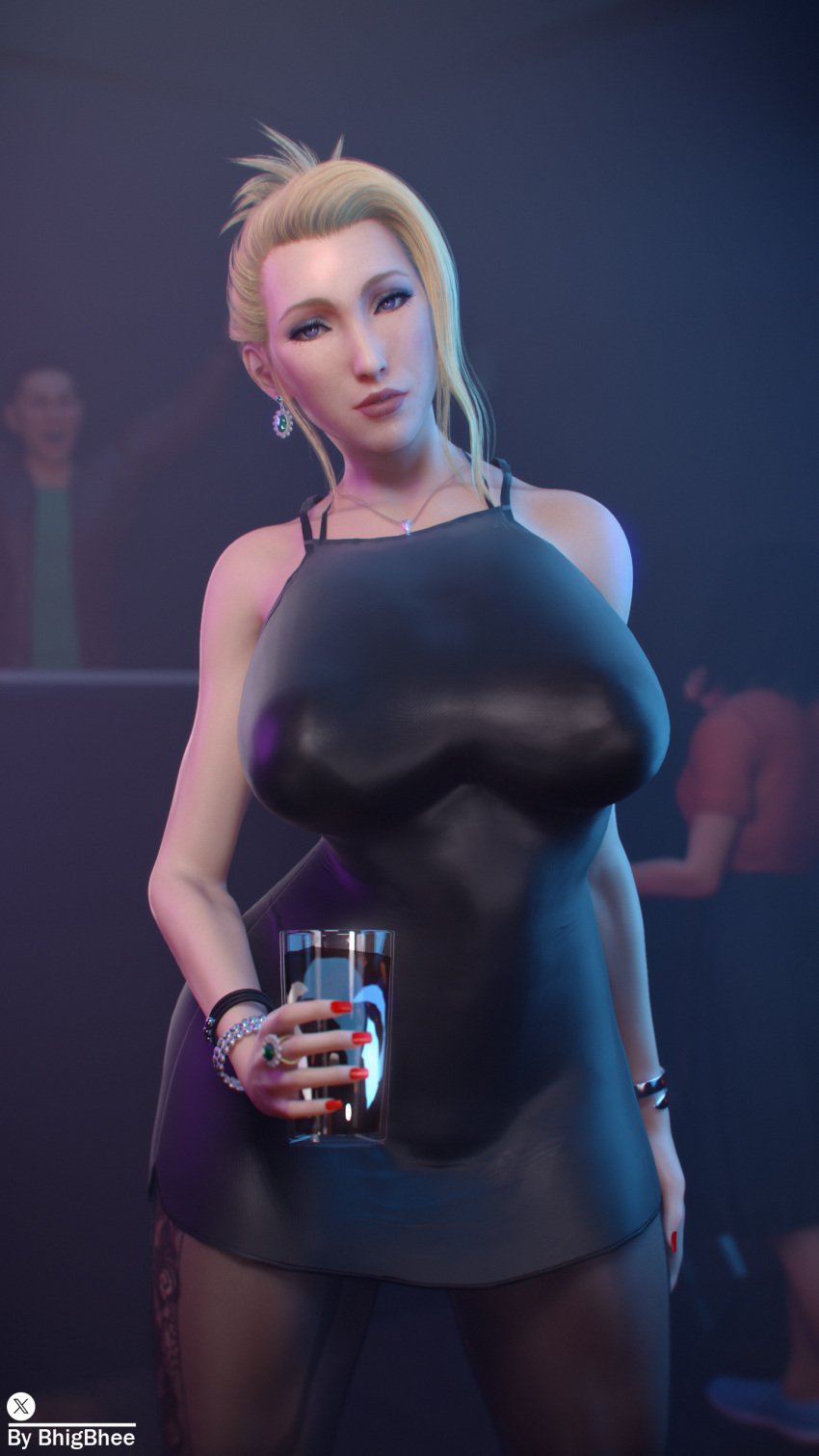 3d 3d_(artwork) alternate_costume alternate_version_available bhigbhee blonde_hair bracelet bracelets clothed clothing curvy dress drink earrings female female_only final_fantasy final_fantasy_vii final_fantasy_vii_remake hi_res highres hips huge_breasts jewelry light-skinned_female lipstick looking_at_viewer necklace pantyhose scarlet_(ffvii) solo thick_thighs watermark