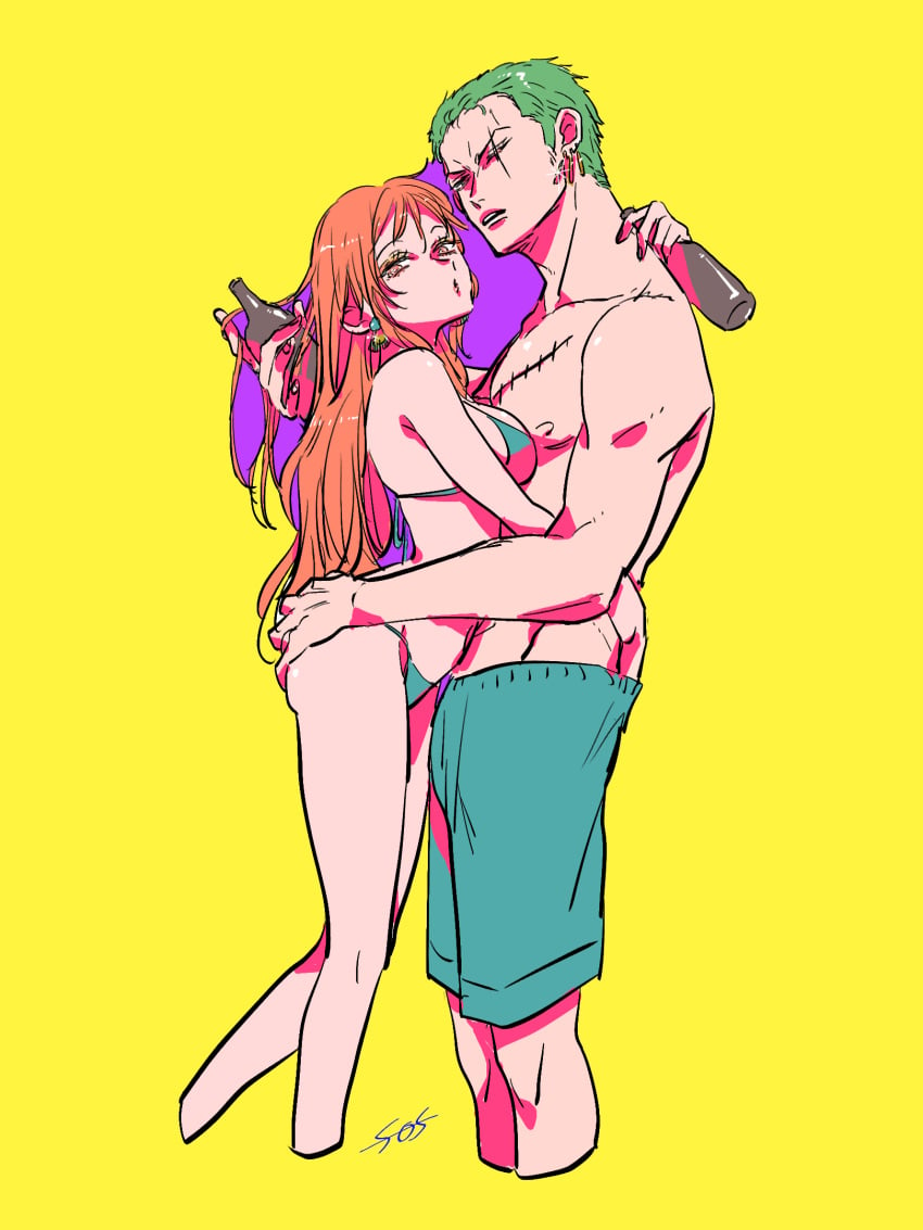 1boy 1girls bikini female green_hair guttari_soushi hand_on_ass hugging long_hair male nami nami_(one_piece) one_piece orange_hair post-timeskip roronoa_zoro yellow_background