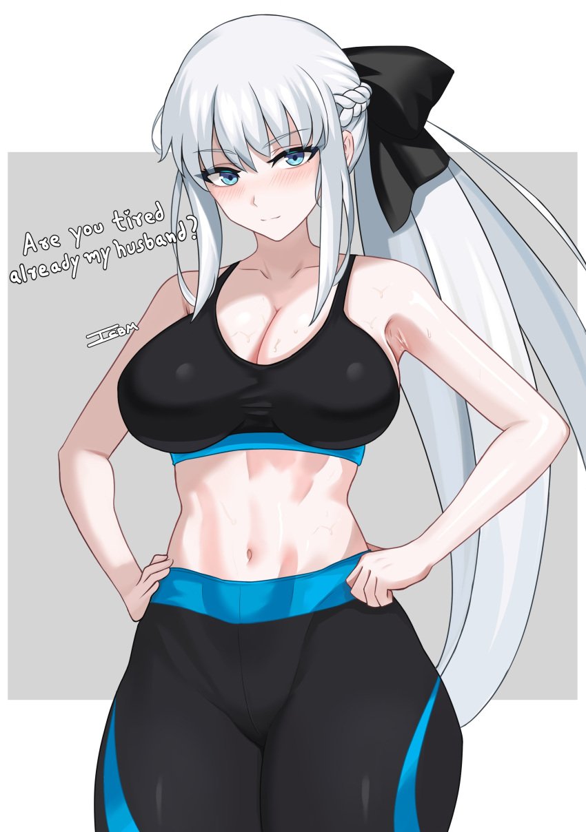 clothed huge_breasts looking_at_viewer sports_bra thick_thighs white_hair yoga_pants