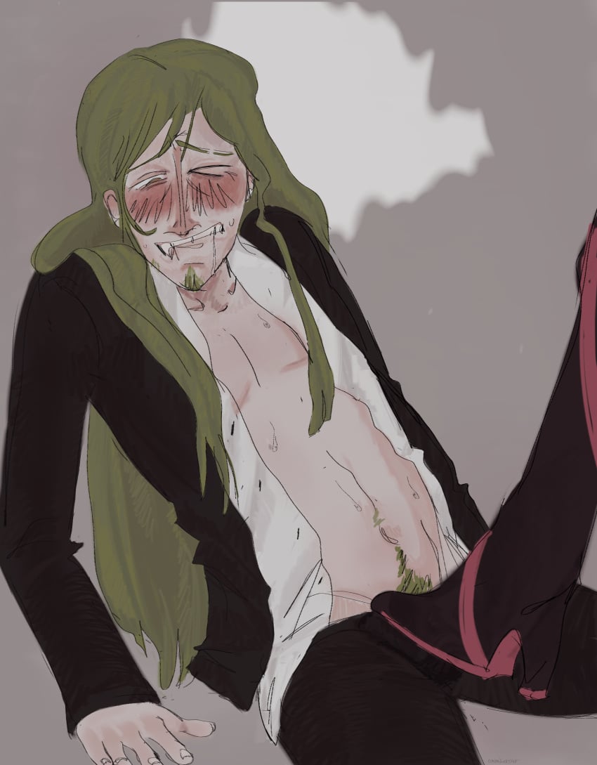 1boy 1girls bare_stomach blushing clenched_teeth clothed drooling facial_hair femdom gebura_(lobotomy_corporation) green_hair lobotomy_corporation long_hair netzach no_visible_genitalia open_clothes project_moon pubic_hair stepping_on_penis