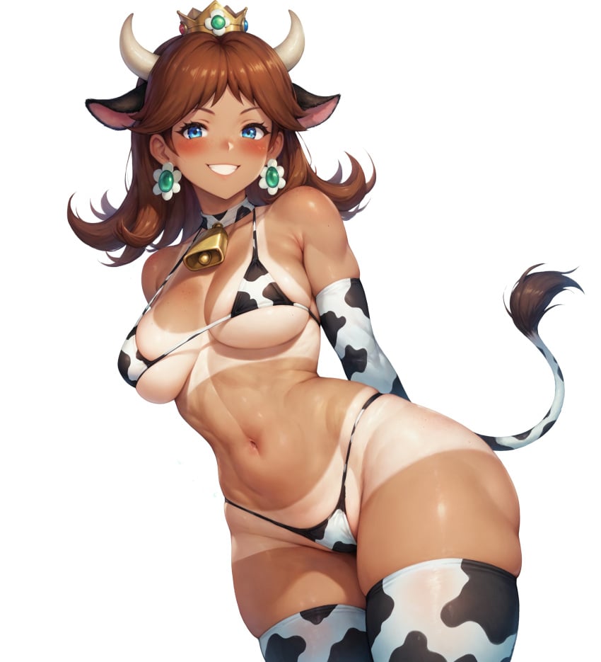 1girls ai_generated aimoonshine animal_ears animal_print arms_behind_back bare_shoulders bell bikini blue_eyes blush breasts brown_hair collar collarbone cow_ears cow_girl cow_horns cow_print cow_print_armwear cow_print_bikini cow_print_legwear cow_print_thighhighs cow_tail cowbell cowboy_shot crown earrings elbow_gloves female female_only flipped_hair flower_earrings freckles gloves grin highleg_bikini horns jewelry large_breasts long_hair looking_at_viewer mario_(series) medium_hair micro_bikini mini_crown navel neck_bell nintendo parted_bangs princess_daisy print_bikini simple_background skindentation smile solo stomach swimsuit tail tan tanlines teeth thick_thighs thighhighs thighs white_background