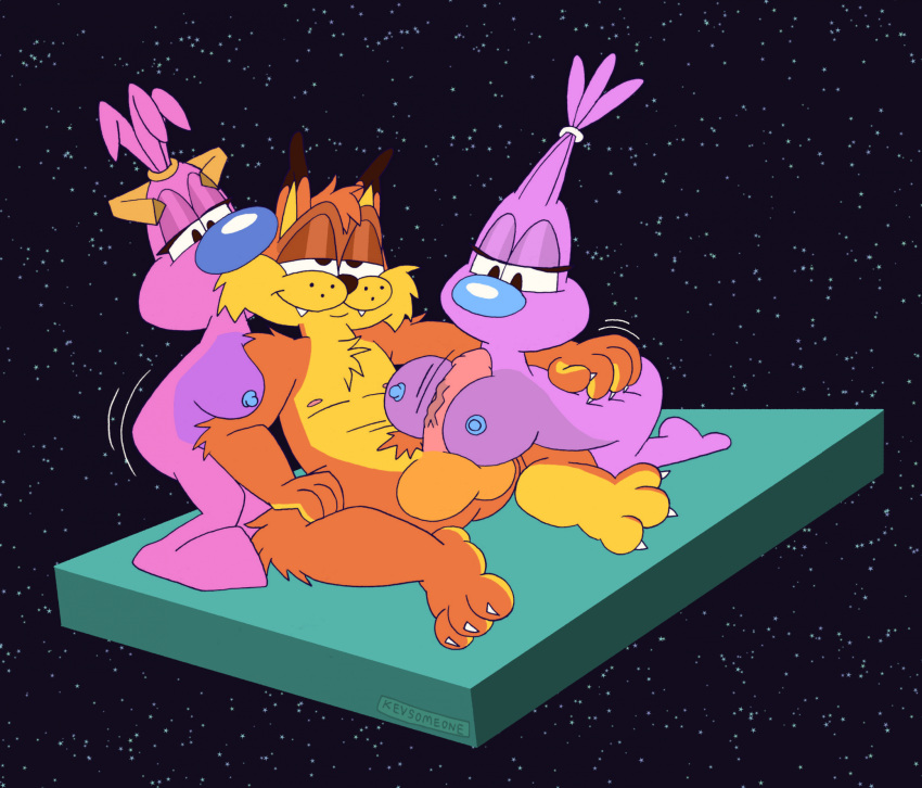 alien anthro bobcat breast_play breasts bubsy bubsy_(series) fangs felid feline female fur genitals group hi_res kevsomeone lynx male mammal nipples orange_body orange_fur paizuri penis purple_body sex smile space teeth titfuck titjob trio woolie_(bubsy)