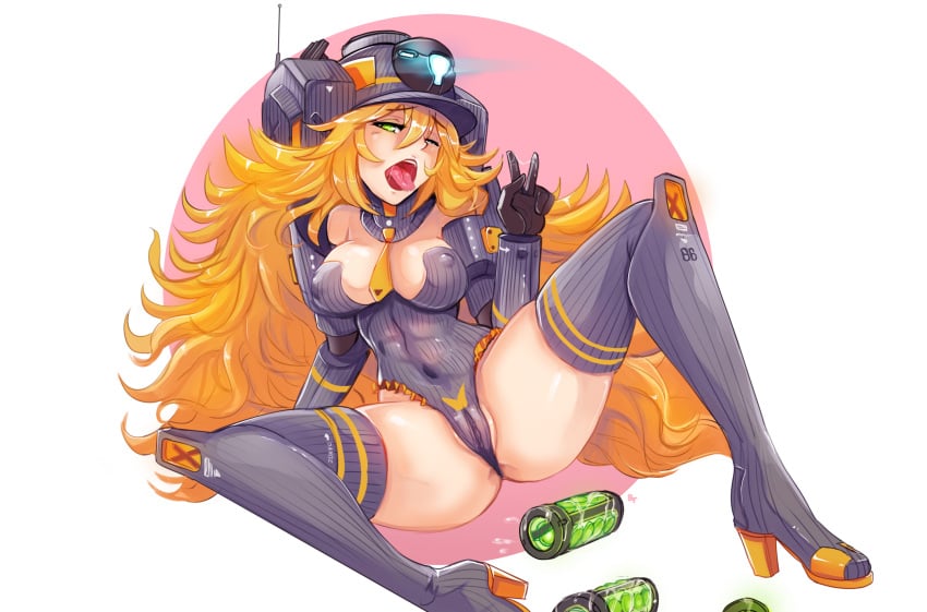 abs bangs battery battery_removed blonde_hair boots breasts covered_navel erect_nipples eyebrows_visible_through_hair female green_eyes hair_between_eyes helmet high_heel_boots high_heels highres hmage knee_boots large_breasts long_hair looking_at_viewer mecha_musume navel nipples personification pussy_juice see-through sexually_suggestive solo spread_legs sticky_fingers thighhighs titanfall titanfall_2 tone_(titanfall_2) v