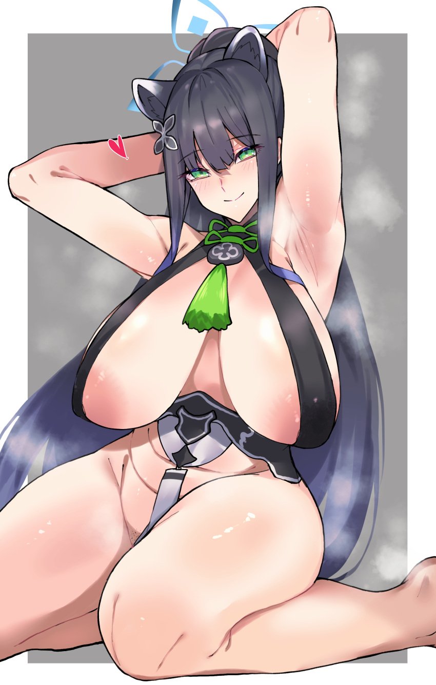 absurdres animal_ear_fluff animal_ears areola_slip armpit_crease armpits arms_behind_head arms_up black_hair blue_archive blue_halo bottomless breasts chinese_clothes extra_ears female gradient_hair green_eyes halo heart highres huge_breasts kyoryuu_no_himitsu long_hair looking_at_viewer multicolored_hair plum_blossom_garden_(blue_archive) pointy_breasts ponytail presenting_armpit sagging_breasts shanhaijing_secondary_school_student shun_(blue_archive) sitting smile solo steaming_body tiger_ears tiger_girl wariza