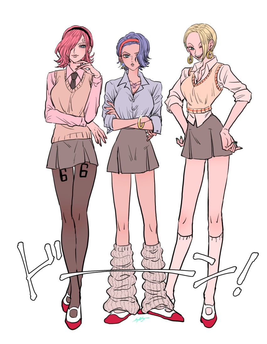 3girls blonde_hair blue_hair female female_only guttari_soushi mikita_(one_piece) miss_valentine nojiko one_piece pink_hair school_uniform schoolgirl student vinsmoke_reiju