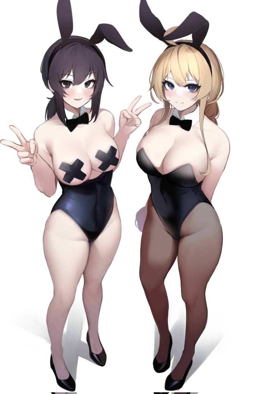 2girls blonde_female blonde_hair blonde_hair blonde_hair_female brown_hair brown_hair brunette_hair bunny_ears bunny_girl bunnysuit color colored double_v kanine41 looking_at_viewer playboy_bunny simple_background thick_thighs thighs whiskey_project x_(itsaraofgod)