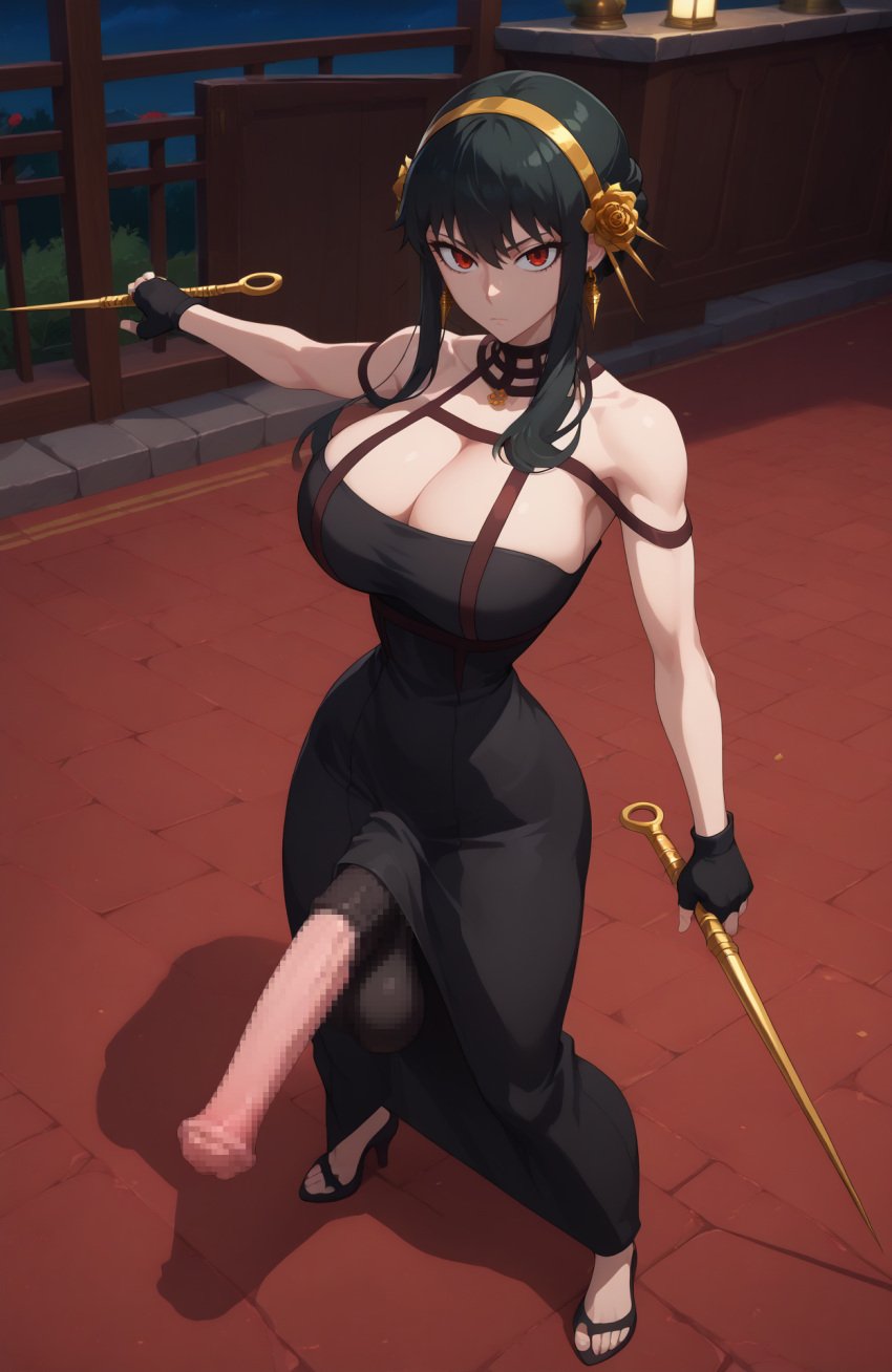 1futa 1girls ai_generated big_balls big_breasts big_penis big_thighs black_dress black_gloves black_hair busty censored censored_genitalia closed_mouth clothed clothing dress earrings emotionless expressionless fingerless_gloves full_body gloves hair_ornament headband holding_object holding_weapon horse_penis horsecock horsecock_futanari huge_breasts huge_cock human indoors jewelry large_breasts large_penis light-skinned_futanari light_skin looking_at_viewer lowiwer milf mosaic_censoring mosaic_censorship narrow_waist red_eyes short_hair_with_long_locks solo solo_futa spy_x_family standing thick_thighs yor_briar yor_forger