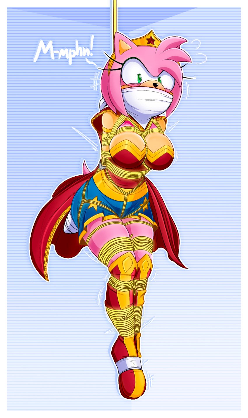 1girls 3rd_party_edit amy_rose arms_behind_back arms_bound arms_bound_behind_back arms_restrained arms_tied_behind_back big_breasts blue_skirt bondage boots bound_arms bound_legs breasts cape cleavage cleave_gag crotch_rope darkman-zero edit edited female female_only furry furry_female furry_only gagged_speech headband kneehigh_boots legs_bound legs_restrained legs_tied legs_tied_together looking_at_viewer pink_body pink_fur pink_skin red_boots red_cape red_shirt restrained restrained_arms restrained_legs restraints rope rope_between_breasts rope_bondage rope_harness shocked shocked_expression simple_background skirt solo solo_female sonic_(series) sonic_the_hedgehog_(comics) sonic_the_hedgehog_(series) suspension suspension_bondage tape tape_bondage tape_mittens taped_feet taped_hands tiara tied_arms tied_legs wonder_woman_(cosplay)