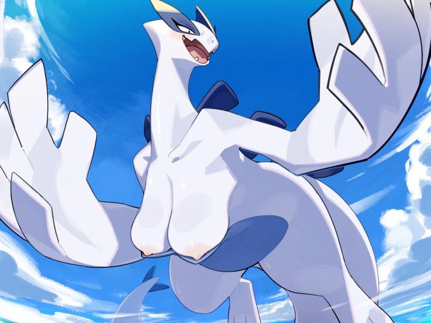 2024 3_toes 5_fingers anthro areola areolae big_breasts blush breasts cloud digital_media_(artwork) feet female fingers flying generation_2_pokemon hi_res kame_3 legendary_pokemon lugia mammal nintendo nipples non-human_areolae nude open_mouth outside pokemon pokemon_(species) sky smile solo tail teeth toes tongue white_body white_tail