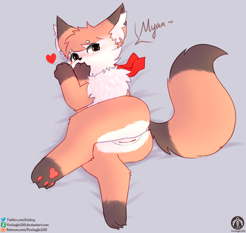 absurd_res anthro ass bed blush canid canine claws female fox furniture genitals heart_symbol hi_res lying mammal nia_(senz) paws pussy scarf senz solo tail text