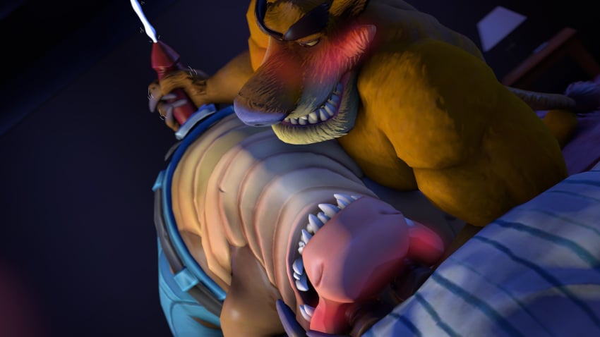 3d anthro anthro_only bed bedroom blush commissioner_upload crash_(series) crocodile crocodilian dingo dingodile furry furry_male gay gay_sex hybrid lewdview male male/male male_only scalie source_filmmaker tasmanian_tiger thylacine tiny_tiger