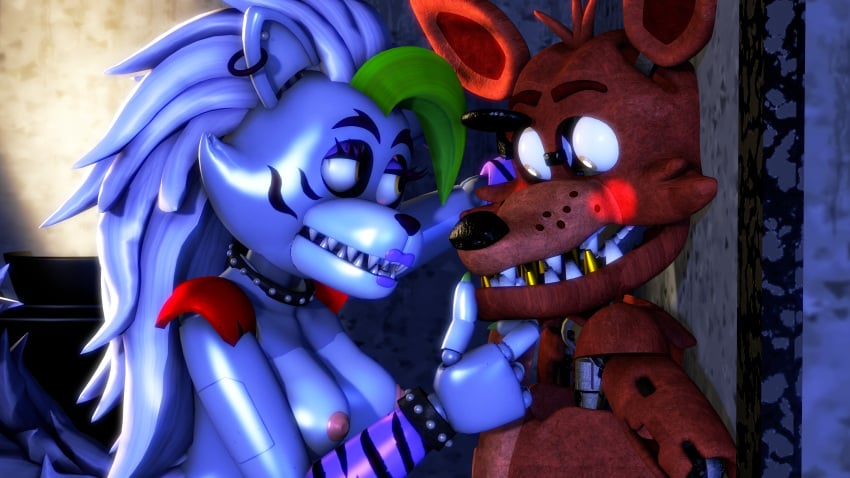 3d 4k animatronic bedroom_eyes blush blush blushing_face caressing_lips cornered disboi215 eyes_wide_open five_nights_at_freddy's five_nights_at_freddy's:_security_breach flustered flustered_male fnaf foxy_(fnaf) gold_teeth gold_tooth green_hair grey_body hand_on_lips highres looking_at_breasts looking_at_partner mouth_closed pink_nipples pinned pinned_against_wall pinned_to_wall purple_lipstick red_body robot roxanne_wolf_(fnaf) sfm shiny_body shiny_skin shy silver_hair source_filmmaker spiked_collar wholesome yellow_eyes