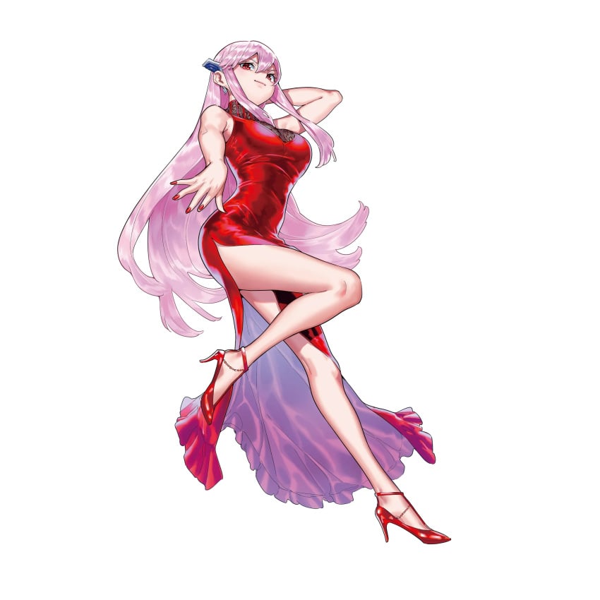 large_breasts legs long_hair mato_seihei_no_slave nail_polish official_art red_dress red_eyes red_heels red_nail_polish red_nails slit_pupils takemura_youhei uzen_kyouka white_hair