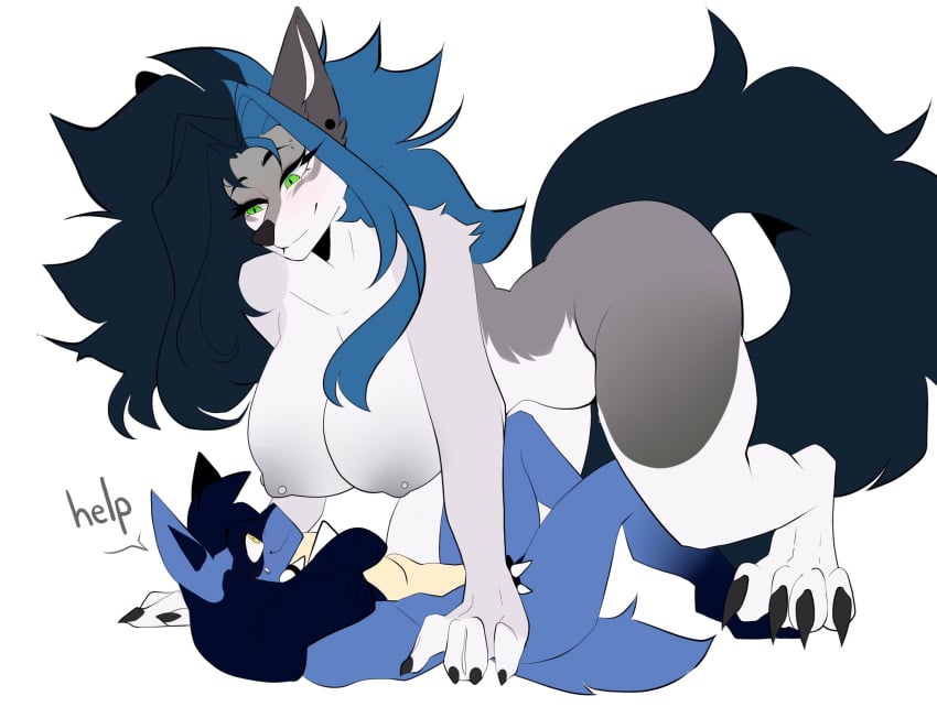 anthro assertive_female black_claws black_tail blue_body blue_fur blue_hair canid canine canis claws duo english_text female female_on_top fur generation_4_pokemon grey_body grey_fur grey_nipples hair hi_res imminent_sex larger_female lucario male male/female mammal nintendo nipple_piercing nipples on_top piercing pokemon pokemon_(species) simple_background size_difference smaller_male smort_bee tail text thick_thighs white_background white_body white_fur wide_hips wolf