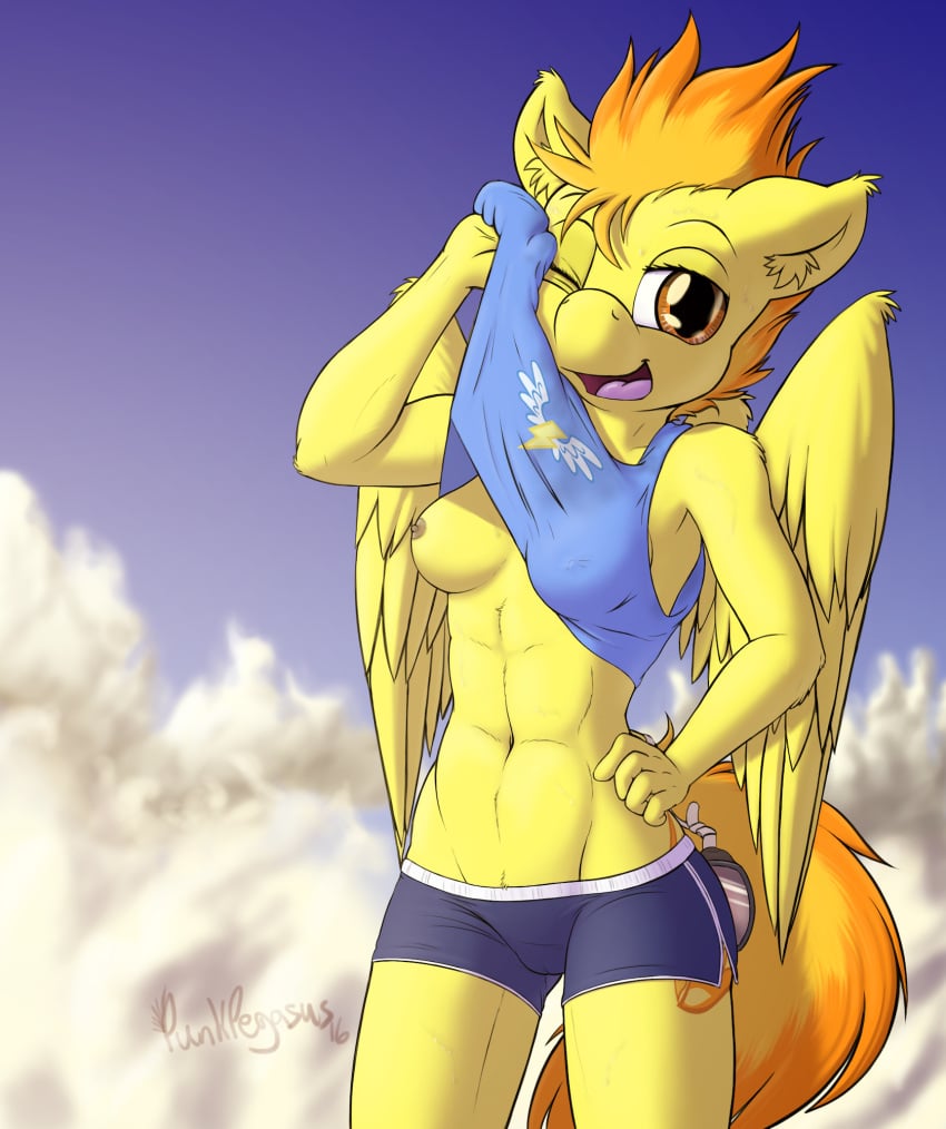 2016 abs anthro anthrofied bodily_fluids bottomwear breasts camel_toe casual_exposure clothed clothing clothing_lift cloud cutie_mark day dolphin_shorts equid equine feathered_wings feathers female friendship_is_magic hair hasbro hi_res lift looking_at_viewer mammal multicolored_hair my_little_pony mythological_creature mythological_equine mythology navel nipple_outline nipples one_breast_out one_eye_closed open_mouth outside pegasus punkpega shirt short_hair shorts sky solo spitfire_(mlp) sweat tank_top tongue topwear two_tone_hair wings wiping wiping_forehead wiping_sweat wonderbolts_(mlp) yellow_body yellow_feathers