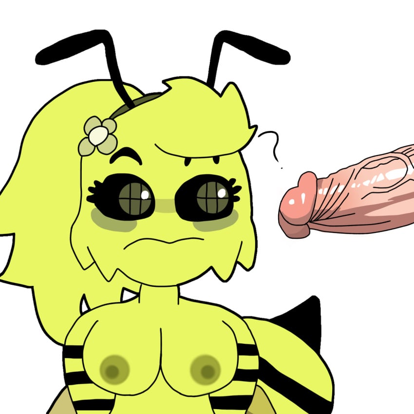 annonymouse antennae bee bee_girl bweswees_bizznip colorbox_(mustard) confused confused_look female female_focus green_eyes incredibox male naked naked_female no_clothes penis shading small_breasts striped striped_body stripes veiny_penis white_background yellow_body yellow_fur