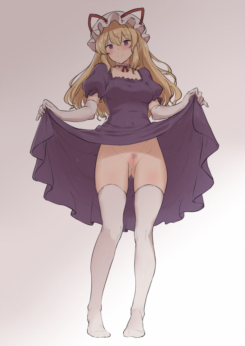 air41 blonde_hair breasts closed_mouth commentary dress elbow_gloves english_commentary female female_pubic_hair full_body gloves hat highres lifting_own_clothes long_hair looking_at_viewer medium_breasts mob_cap no_panties pubic_hair puffy_short_sleeves puffy_sleeves purple_dress purple_eyes pussy short_sleeves smile solo standing thighhighs touhou uncensored white_gloves white_hat white_thighhighs yakumo_yukari