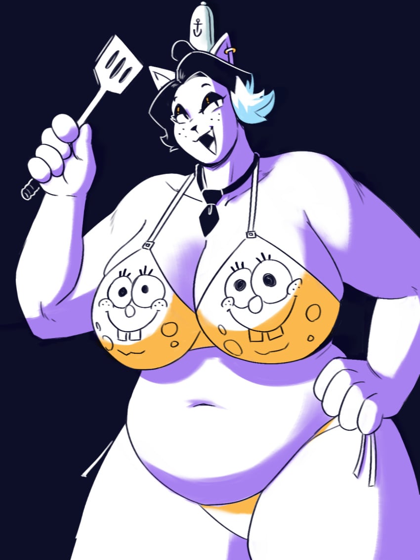 anthro bikini breasts catty catty_(undertale) cleavage clothed clothing cosplay dracozhilla ear_piercing ear_ring felid feline female frycook hi_res humanoid mammal necktie nickelodeon nicktoons piercing ring_piercing slightly_chubby solo spatula spongebob_squarepants swimwear tools two-piece_swimsuit undertale_(series)