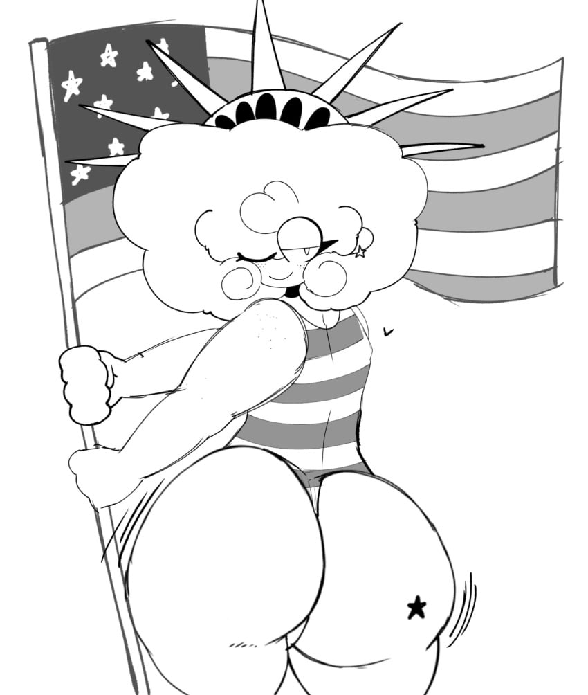 afro american_flag american_flag_shirt ass_focus big_hair curly_hair fazzinart femboy flag flag_(object) holding_flag huge_ass jayden_(fazzinart) statue statue_of_liberty statue_of_liberty_(cosplay) swimsuit