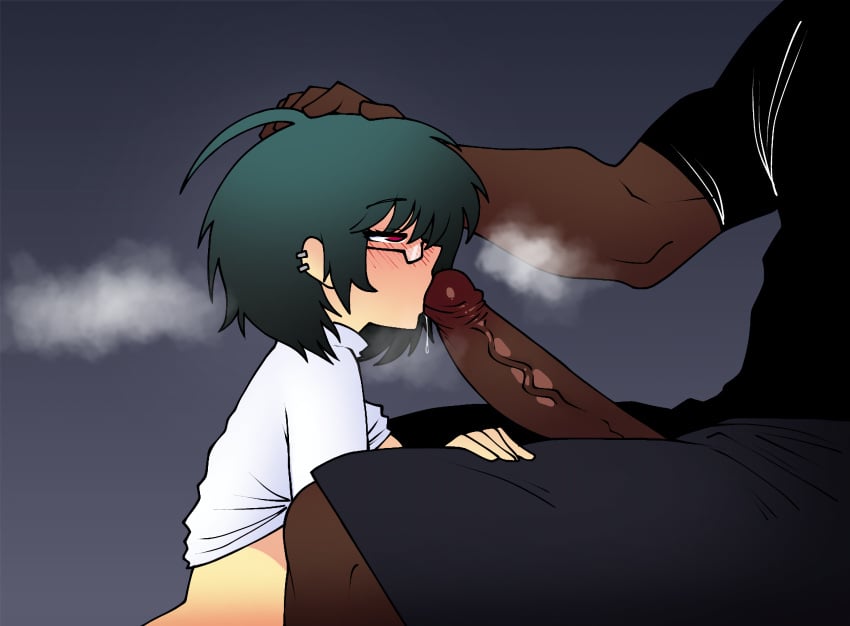 big_penis black_penis cheating_girlfriend dark-skinned_male dark_penis dark_skin green_hair hand_on_head highres implied_cheating interracial oc original_character sucking_penis