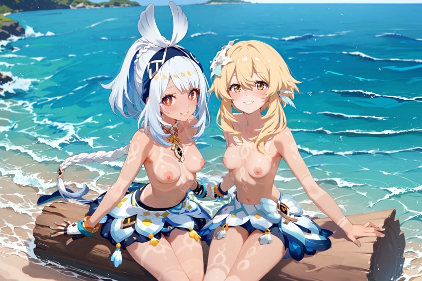 2adults 2girls accessory adult ai_generated alternate_outfit athletic athletic_female bangs bare_chest bare_thighs beach blonde_female blonde_hair blonde_hair blue_nails blush blush blushing_at_viewer body_art body_paint borrowed_clothes bracelet bracelets braid breasts_out cameltoe coast covered_pussy driftwood eyelashes eyeliner feather_in_hair fingerless_gloves fish_pupils flowers flowers_in_hair foreigner game genshin_impact gloves gold_eyes grin hairband having_fun high_resolution highres holding_hands horizon jewelry legs_together log looking_at_viewer lumine_(genshin_impact) mihoyo mualani_(genshin_impact) nail_polish natlan navel necklace nipples nude_beach ocean partial_nudity partially_clothed partially_clothed_female pastalord pendant pink_nipples public_exposure public_nudity pussy_visible_through_clothes pussy_visible_through_swimsuit red_eyes sand seated shirtless side_by_side sitting small_breasts smile smiling smiling_at_viewer softcore stable_diffusion swimwear tan_line tan_lines tan_skin tan_skinned_female tanline teeth thin_waist tits_out topless topless_female traveler waves wearing_others_clothes white_hair white_hair_female wind women