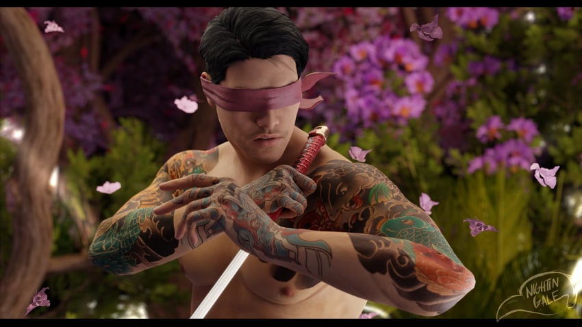 abs asian_male bara bara_tiddies bara_tits battle_stance black_hair blind cherry_blossoms clairvoyant disabled fighter handsome handsome_man kenshi_takahashi male male_focus male_only martial_artist mortal_kombat mortal_kombat_1_(2023) netherrealm_studios no_visible_genitalia pecs psychic ready_to_fight red_blindfold samurai_sword solo solo_focus solo_male warrior