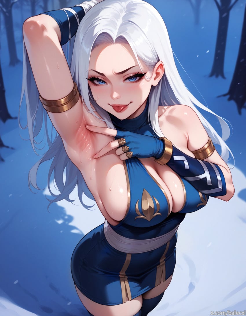 1female 1girls ai_generated arm_behind_head arm_up armpit ashe_(league_of_legends) balecxi big_breasts breasts female fingerless_gloves large_breasts league_of_legends outdoors outside presenting presenting_armpit riot_games seductive snow solo solo_female solo_focus sweat sweatdrop sweaty sweaty_armpit watermark white_hair winter