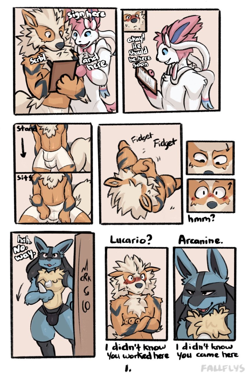 anthro arcanine blush bulge clothing comic dialogue fallflys generation_1_pokemon generation_4_pokemon half-closed_eyes hi_res jockstrap lucario male narrowed_eyes nintendo pokemon pokemon_(species) sitting slveon surprised underwear