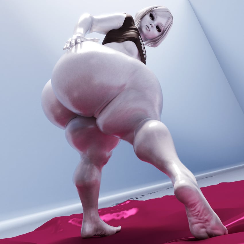 3d_(artwork) barefoot big_ass black_sclera grey_skin hand_on_ass hand_on_butt huge_ass looking_back looking_down pantsless rivaliant shortstack supertito white-skinned_female white_hair white_silk