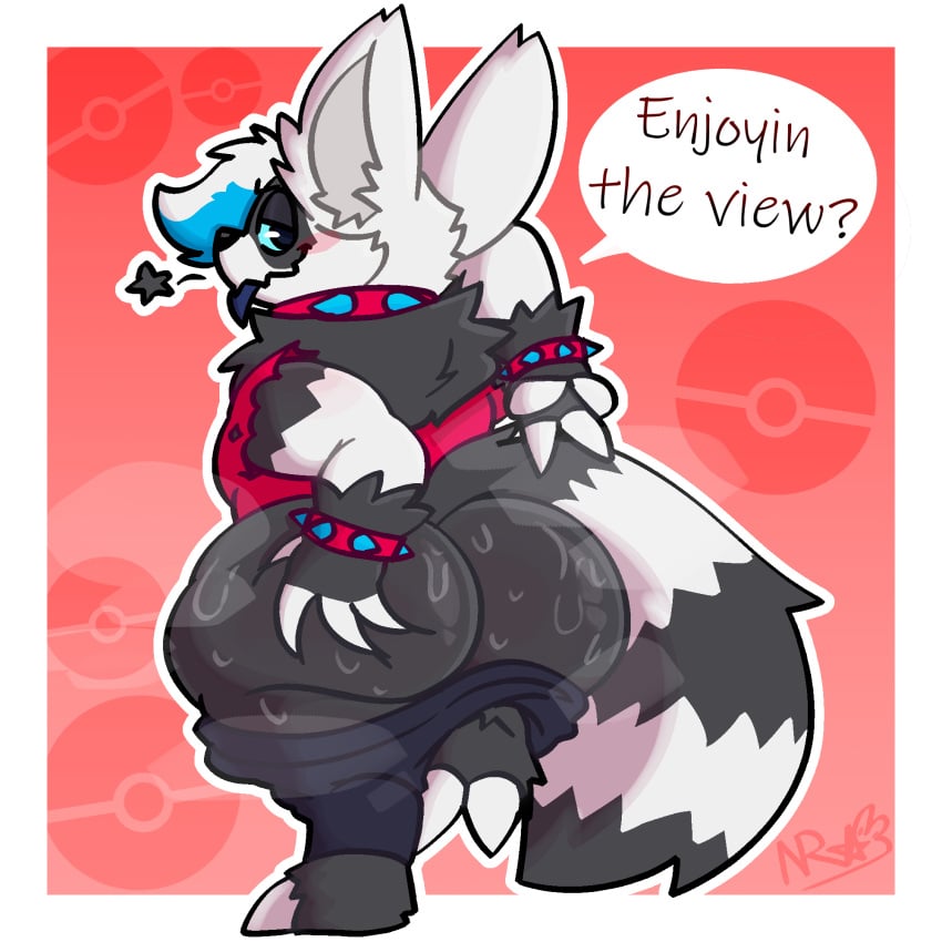 alternative_fashion anthro ass blush bodily_fluids bottomwear bottomwear_down bracelet butt_focus butt_grab clothed clothing collar dialogue galarian_form galarian_zigzagoon generation_3_pokemon generation_8_pokemon hand_on_butt hi_res jewelry male male_only musk nintendo ozzy_(joyjoltik) pants pants_down partially_clothed pknicky pokemon pokemon_(species) punk regional_form_(pokemon) solo speech_bubble spiked_bracelet spiked_collar spikes sweat sweaty_butt zigzagoon