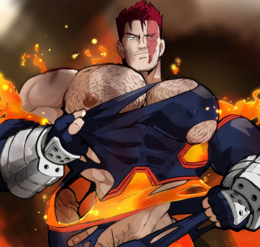 1boy aqua_eyes bara beard_stubble blue_gloves boku_no_hero_academia buff burn_scar chest_hair closed_mouth commentary cropped dilf endeavor_(my_hero_academia) english_commentary enji_todoroki erection facial_hair fingerless_gloves fire gloves highres huge_pectorals idoraad large_pectorals male male_focus male_pubic_hair muscular muscular_male mustache_stubble my_hero_academia nipples paid_reward_available pectorals penis pubic_hair red_hair scar short_hair sideburns_stubble solo solo_male stubble tearing_clothes torn_clothes v-shaped_eyebrows yaoi