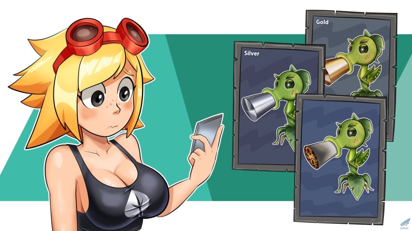 anthro big_breasts blonde_female blonde_hair blunt blush breasts cleavage gijinka goggles goggles_on_forehead goggles_on_head human humanoid lykan_starlight peashooter_(pvz) phone phone_screen plant plant_girl plant_humanoid plants_vs_zombies pvz smoking smoking_weed solar_flare_(pvz) tagme tank_top weed