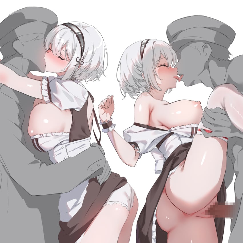 1boy ass azur_lane bare_shoulders blush breasts censored classic_(zildjian33) closed_eyes commander_(azur_lane) dress female french_kiss frilled_wristband highres hug kissing large_breasts leg_up maid mixed-language_commentary mosaic_censoring multiple_views nipples panties sex short_hair simple_background sirius_(azur_lane) standing standing_sex straight thighs tongue tongue_out underwear white_background white_hair white_panties