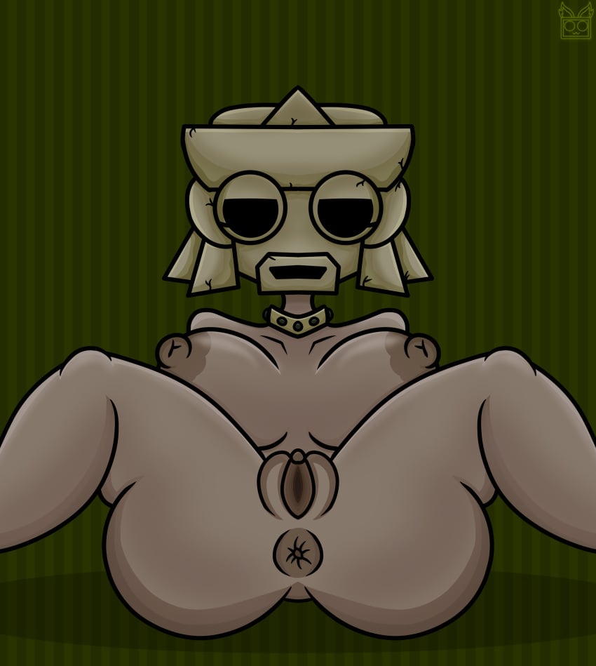 anthro anus ass aztec big_ass big_breasts big_nipples big_pussy breasts breasts_out brown_body brown_nipples collar green_background oc puffy_anus puffy_nipples pussy theyisus55 thighs