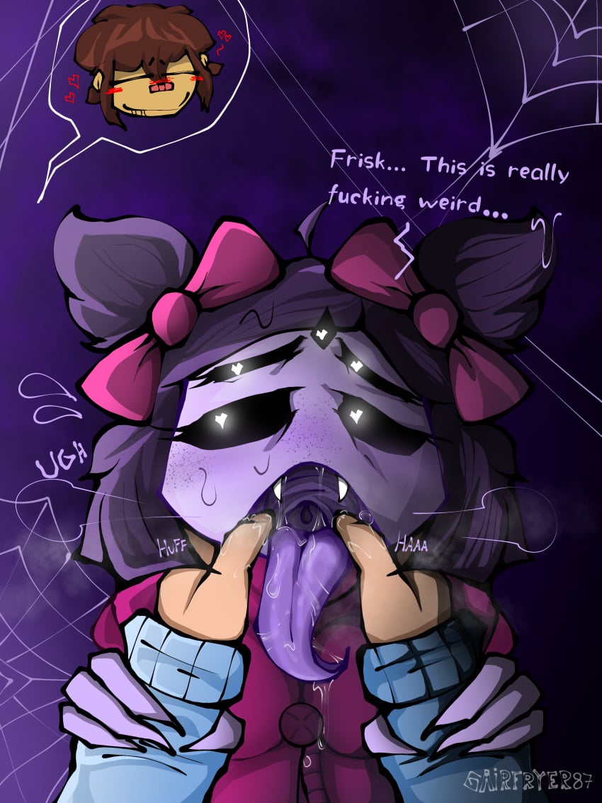 2024 2d 2d_(artwork) 2d_artwork 5_eyes airfryer87rn1girl arachnid_humanoid dialogue drool drooling fantasy femsub finger_in_mouth frisk maledom muffet panting purple_skin ribbon ribbons sans_approved spider_girl steam tongue tongue_out undertale